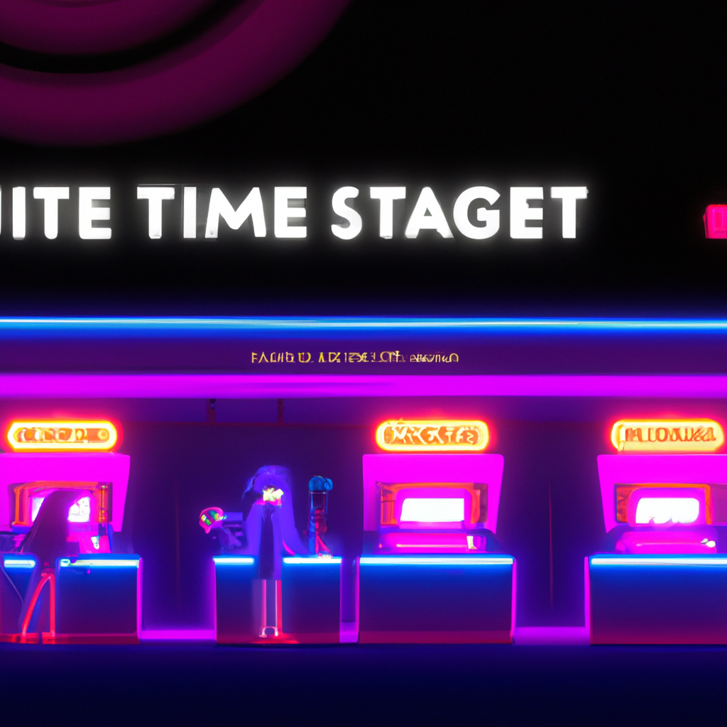 ArcadePulse hero artwork: neon arcade vista with players and UI HUD